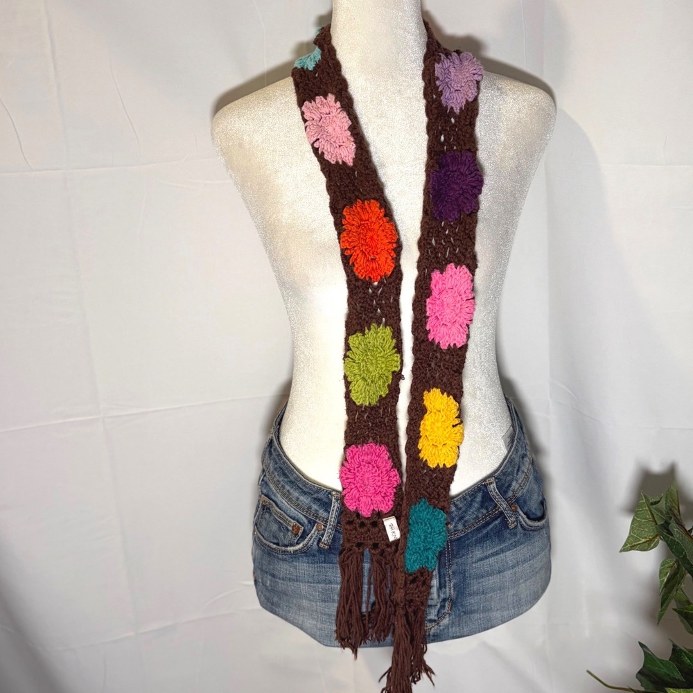 Whimsical Y2K Crochet Flower Scarf Brown‎ Multi Color Boho Floral Fringe Tassel